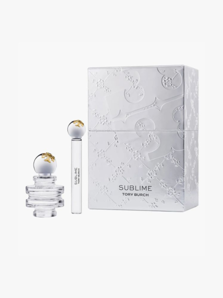 Tory Burch Sublime Eau de Parfum Set gray box and two perfumes on light gray background